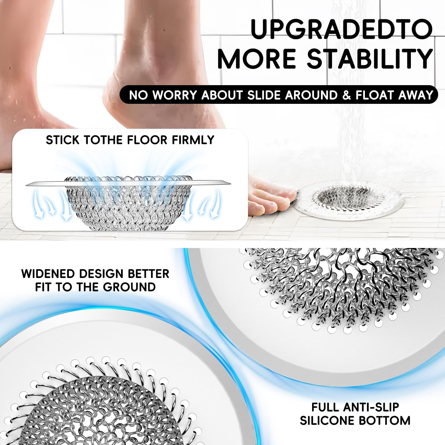 Wokdada (Silvery White) Drain Hair Catcher: for Bathtub & Shower (Fast Drainage), Reversible 304 Stainless Steel Protector. Fits Pop-Up & Regular Bathroom Drains