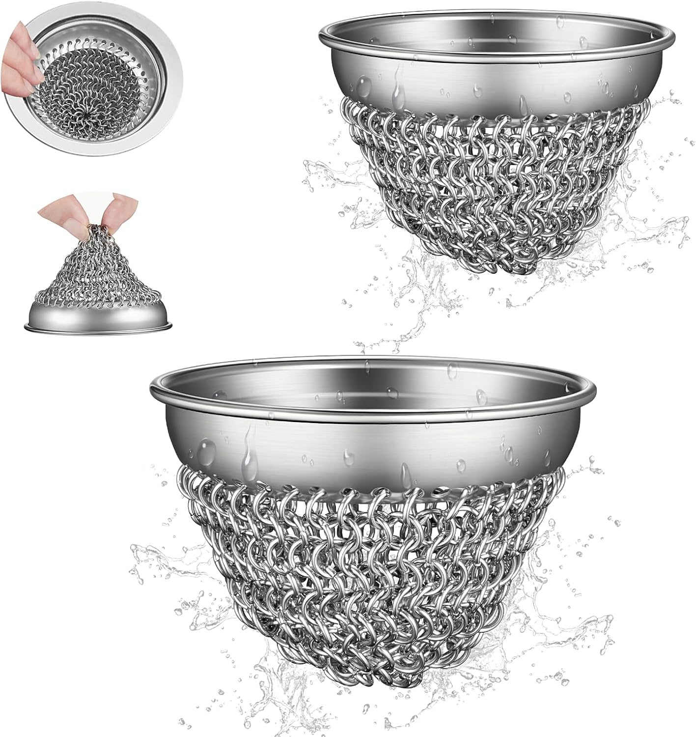 WOKDADA 1 Set Kitchen Sink Strainer (Black): with Adapter, Flexible Insert Chain Mesh Screen. 304 Stainless Steel, Clog-Free Catcher for Universal Sizes (Garbage Disposal)